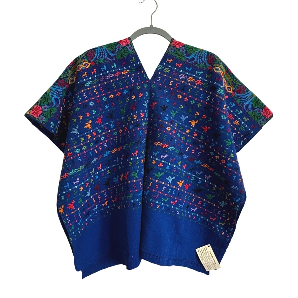 Casa del Tejido Antiguo Huipil OS Blue San Antonio Palopo Handwoven Poncho New